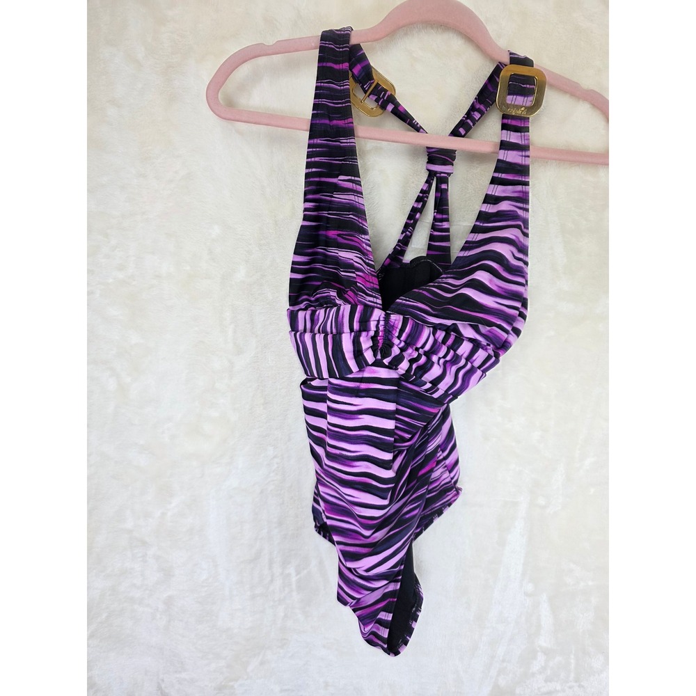 Catalina Womens Purple Black Tiger Stripe One Piece Swimsuit Gold Buckle Size M